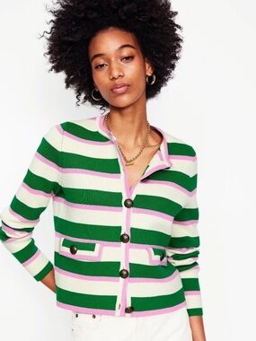 Boden Holly Knitted Jacket In Rich Emerald & Pink Stripe Vintage-style Aesthetic